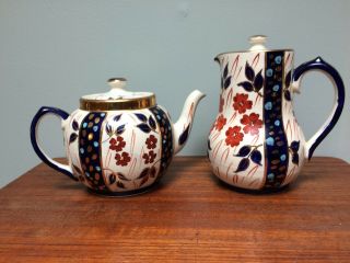 Staffordshire Gaudy Welsh Teapot & Hot Water Pitcher England Victorian