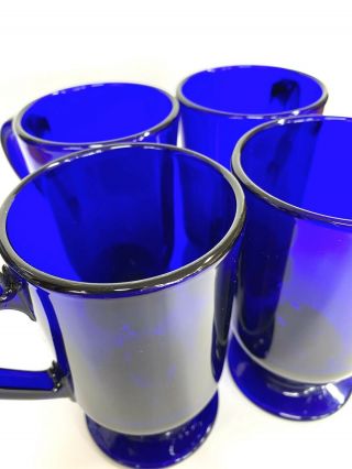 Set Of 4 Vintage Anchor Hocking Cobalt Blue Glass Tea Coffee Mugs Cups Footed