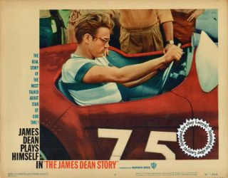 James Dean Behind Wheel Of Race Car Lobby Card 8 The James Dean Story 1957 Bio