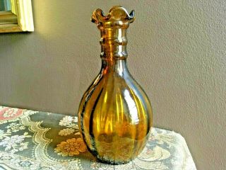 Mid Century Hand Blown Amber Art Glass Vase W/ Ribbed Sides And Crimped Top