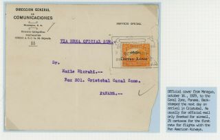 Nicaragua Postal History: Lot 107 1929 Air Post Official Managua - Cristobal Cz