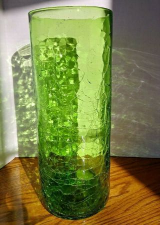 Blenko Cylinder Vase 749s Grass Green Crackle 11.  5 " 1977