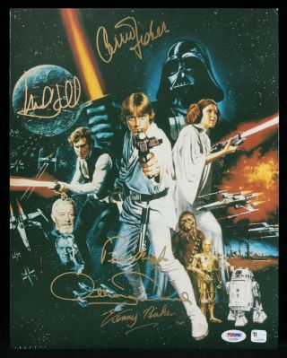 Carrie Fisher,  Mark Hamill Cast Signed Star Wars Print Psa Bas Add Harrison Ford
