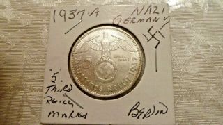 1937a Nazi Germany Silver 5 Mark Third Reich World War Ii Coin