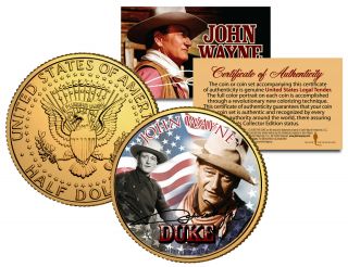 John Wayne Americana Colorized Jfk Kennedy Half Dollar Coin 24k Gold Plated
