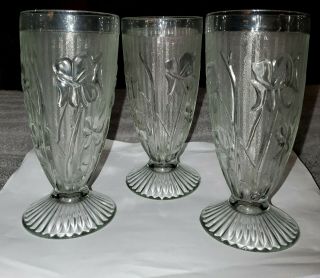 Set Of 3 Vintage Jeannette Clear Glass Iris & Herringbone Footed 6 1/8 " Tumblers