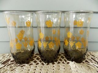 Set Of 3 Vintage Libbey Amber Glass Butterfly Gold Pattern 12 Oz Tumblers