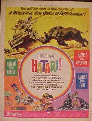 1962 John Wayne " Hatari " Movie Rhino Elephant Art Ad