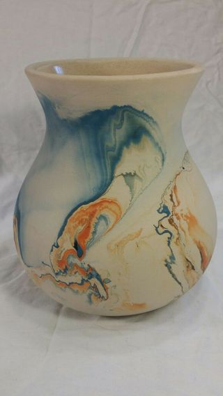 Nemadji Pottery Vase Usa Handmade Large 6 7/8 " Tall Beige Blue Orange