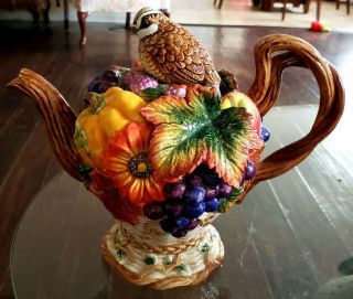 Retired Fitz & Floyd Autumn Bounty Teapot With Quail Top