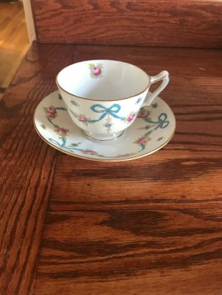 Crown Staffordshire Teacup & Saucer Pink Roses Blue Bow Ribbon Bridal