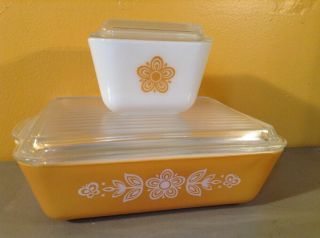 Vintage Pyrex Butterfly Gold Refrigerator Dish Set W/ Ribbed Lids