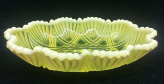 Yellow Vaseline Opalescent Pressed Glass Candy Dish Vintage Ruffled Edge Maker ?