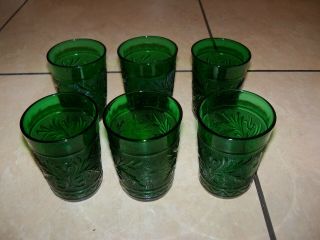 6 Vintage Anchor Hocking Forest Green Sandwich Glass 4 " Tumblers 9 Oz