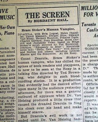 Dracula Vampire Bela Lugosi 1st Movie Review Opening Day W/ Ad 1931 Newspaper
