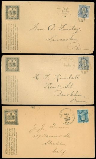 1894 - 96 Bethlehem Pa Cds,  3 Stamp Dealer E.  T.  Parker Logo Covers,  Sc 219,  264