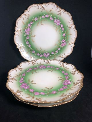 Set Of 3 Plates Akcd Klingenberg Limoges Hand Painted Red Roses W/ Gold 2c