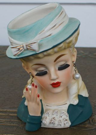 Vintage Porcelain Lady Head Vase Blonde Green Hat Pearls Napco?