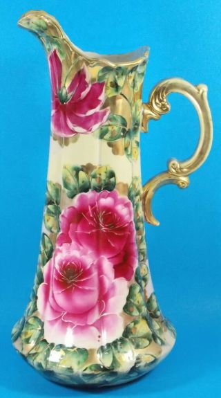 Antique Unmarked Large Nippon Pitcher Hand Painted Roses 16 " 9th C.