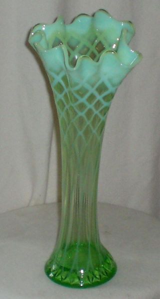 Vintage Dugan Glass Green Opalescent Lattice Pattern Swung Vase