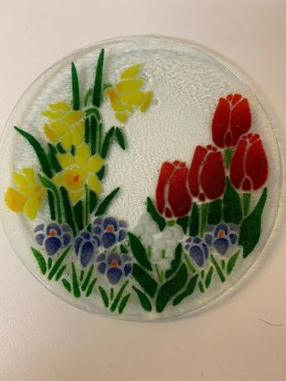 Euc Vintage Peggy Karr Spring Flowers Glass Salad Plate 7 3/4 " Signed