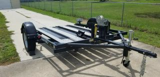 Rampfree Motorcycle Trailer With Spare Tire And 2 Condor Wheel Chocks.