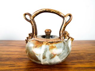Vintage Mid Century Modern Brown Ceramic Pottery Signed Teapot Pot Moon Calf