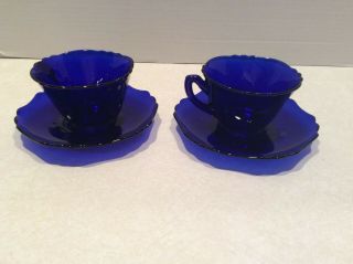 Vintage Cambridge Glass Cobalt Cups And Saucers Pair