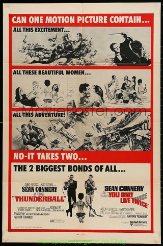 Thunderball / Y.  O.  L.  T.  Movie Poster R1971 Folded 27x41 James Bond Sean Connery