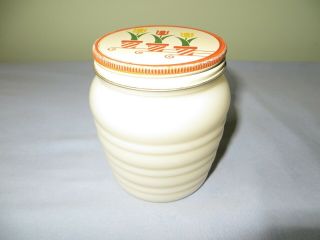 Vintage 1950s Anchor Hocking Ivory Ribbed Grease Jar With Tin Tulip Lid