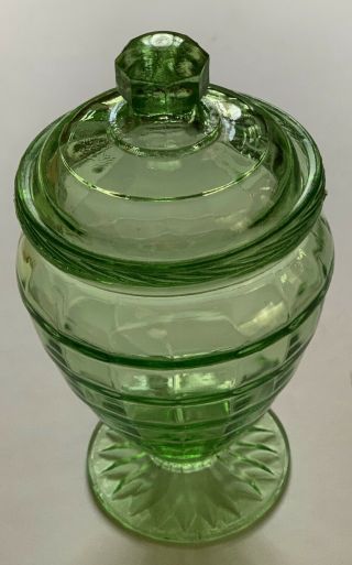 Depression Glass Green Candy Dish W/ Lid Hocking Block Optic 6 1/2” Tall