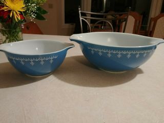 Vtg Pyrex Blue Snowflake Garland Cinderella Mixing Bowl Nesting 4 - Qt 444 And 442