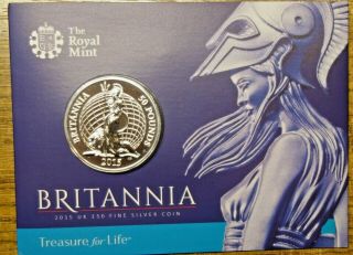Great Britain: Britannia 50 Pounds 2015 Silver Coin.  Unc.  In Card Of Issue.