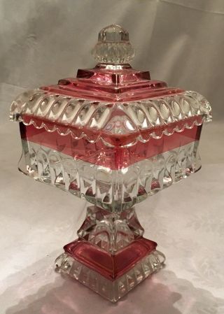 Vintage Jeanette Glass Square Pedestal Candy Dish Lid Wedding Box Clear & Pink