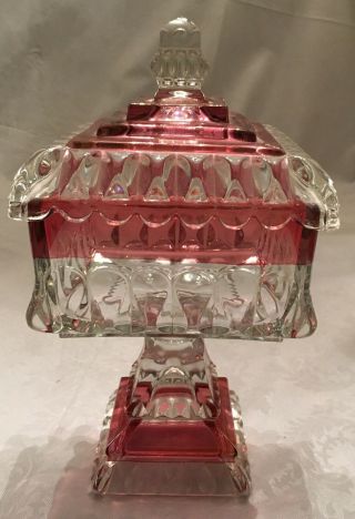 Vintage Jeanette Glass Square Pedestal Candy Dish Lid Wedding Box Clear & Pink 3