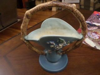 Roseville Pottery Usa Blue Vase 8 Inch 309 - 8 Green Apple Blossom Twig Handle