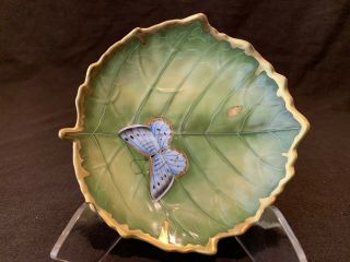 Anna Weatherly Hungary Green Leaf Trinket Dish Gold Butterfly 5 1/8 " L Stunning