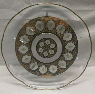 Vtg Culver Green Gold Glass Serving Tray Platter Cake Plate Mcm