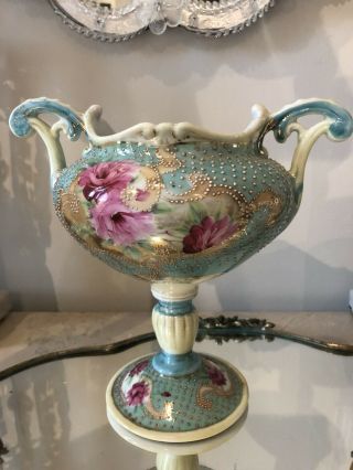 Vintage Nippon Pink Rose Handpainted Jeweled Beaded Moriage Vase Footed Bowl Urn