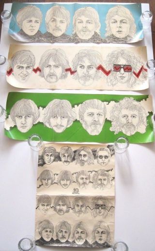Rare Set 4 Vintage 1974 Keith Mcconnell Beatles Art & 10th Anniversary Posters