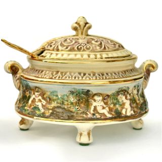 R.  Capodimonte Italy - Footed Sugar Bowl W/ Putti - Oneida Gold Plated Spoon