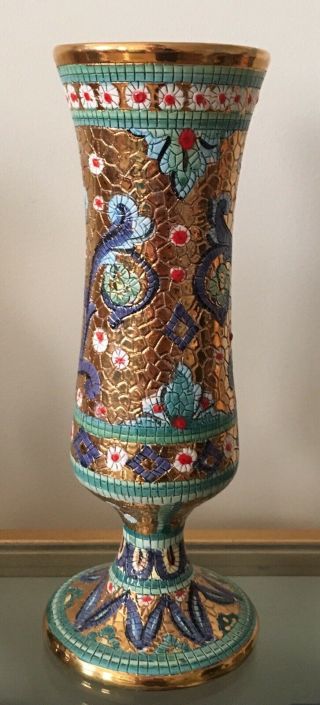 Mcm Regency Vintage Deruta Italy Gold Mosaic Effect Green Blue Red Vase Decor