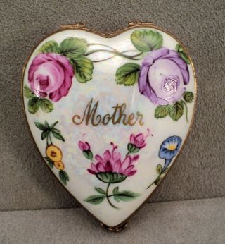 Vtg Limoges Trinket Box Handpainted " Mother " Flowers Heartshaped 24k Gold Signed
