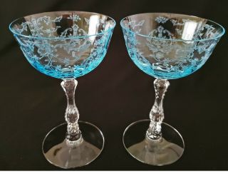 2 Fostoria Blue Navarre 6 - Ounce Saucer Champagne/sherbet Glasses Set 1
