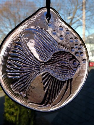 Blenko Art Glass Suncatcher Angel Fish With Bubbles In Elderberry