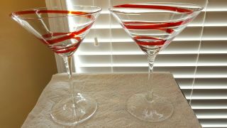 2 Pier One 7” Swirline Red Swirl 12 Ounce Wine Martini Cocktail Glasses