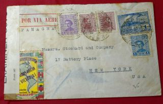 Uruguay Victory Patriotic Label 1940s Censored Panagra Airmail Cover To Us Y