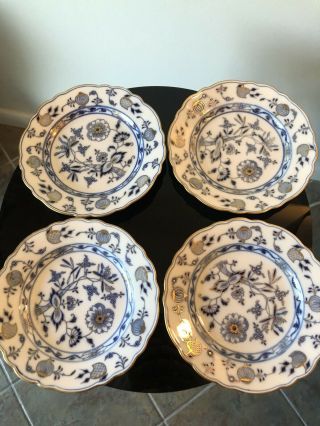 8 1/2 " Antique Meissen Blue Onion Cross Swords Salad Dessert Plates Set 4