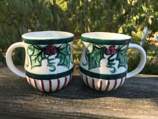 2 Vtg Gail Pittman Christmas Holly Coffee Cocoa Mugs Hollylujah Berries Cup