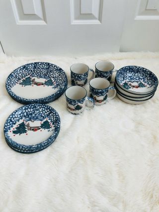 Tienshan Folk Craft Cabin in the Snow Stoneware 16 pc Service for 4 2